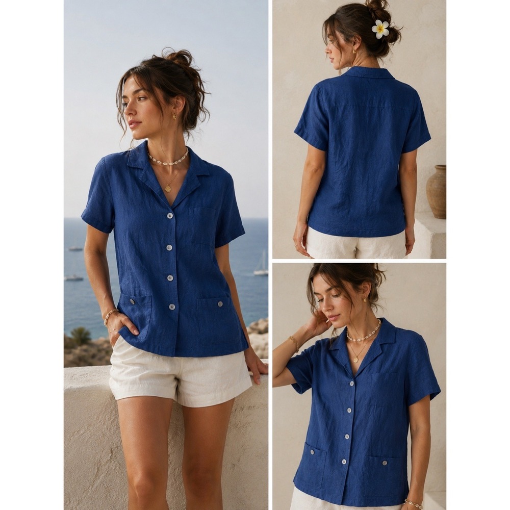 Vintage 90s Talbots 100% Irish Linen Navy Blue Button Front Camp Shirt Coastal